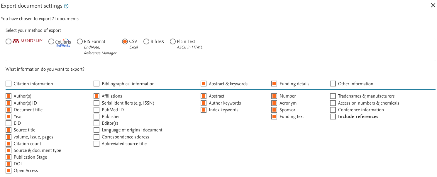 Scopus CSV download selections